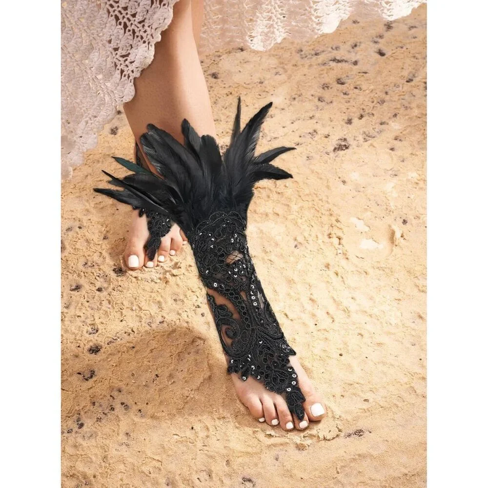 Women's Lace Feather Long Gloves Gothic Costume Accessories for Party